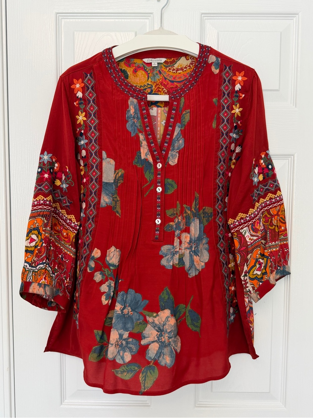 John Mark Embroidered Multi Patch Boho Tunic Blouse Dark Spice L - Picture 3 of 15